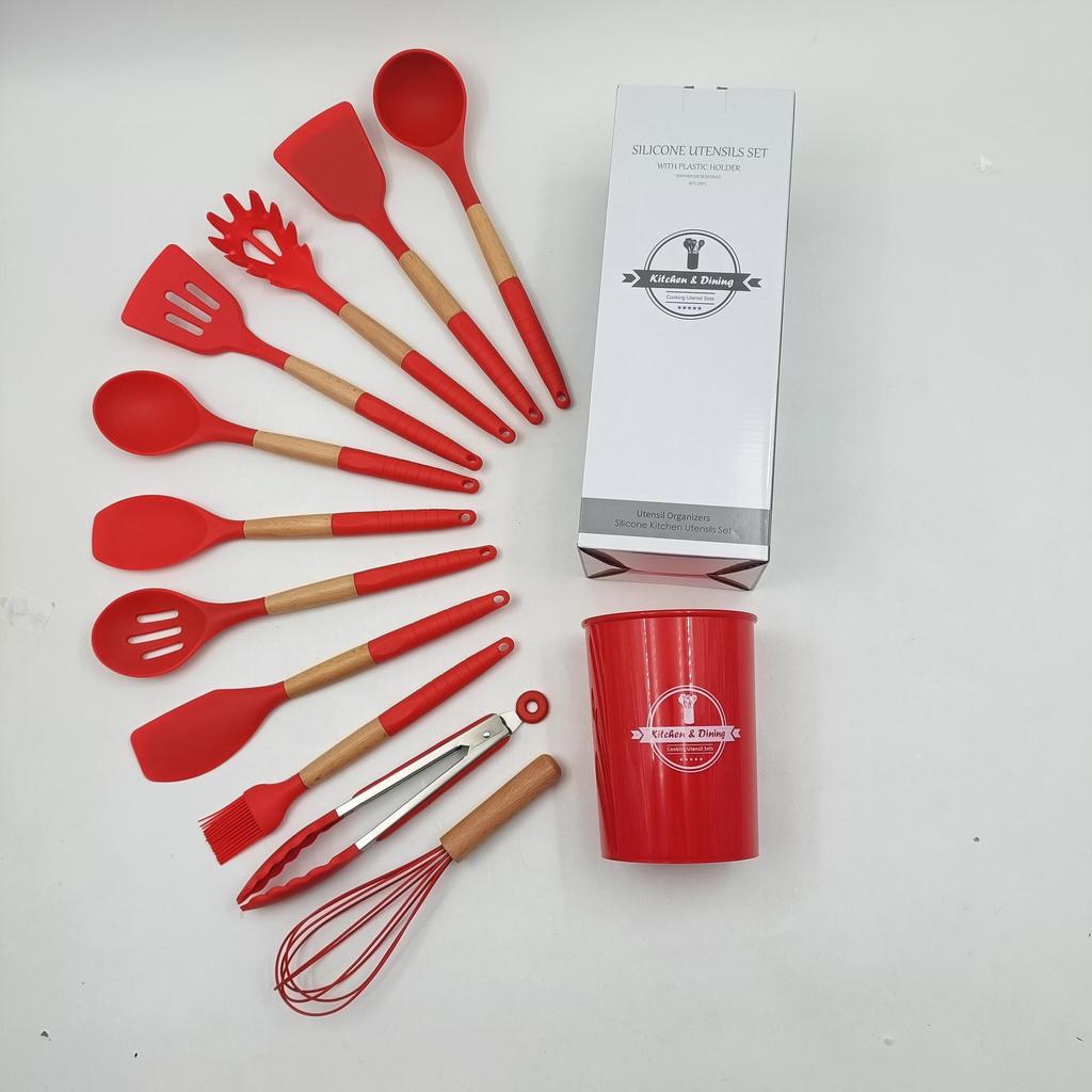 12-teiliges Silikon-Küchenutensilien-Set mit Holzgriffen und Aufbewahrung