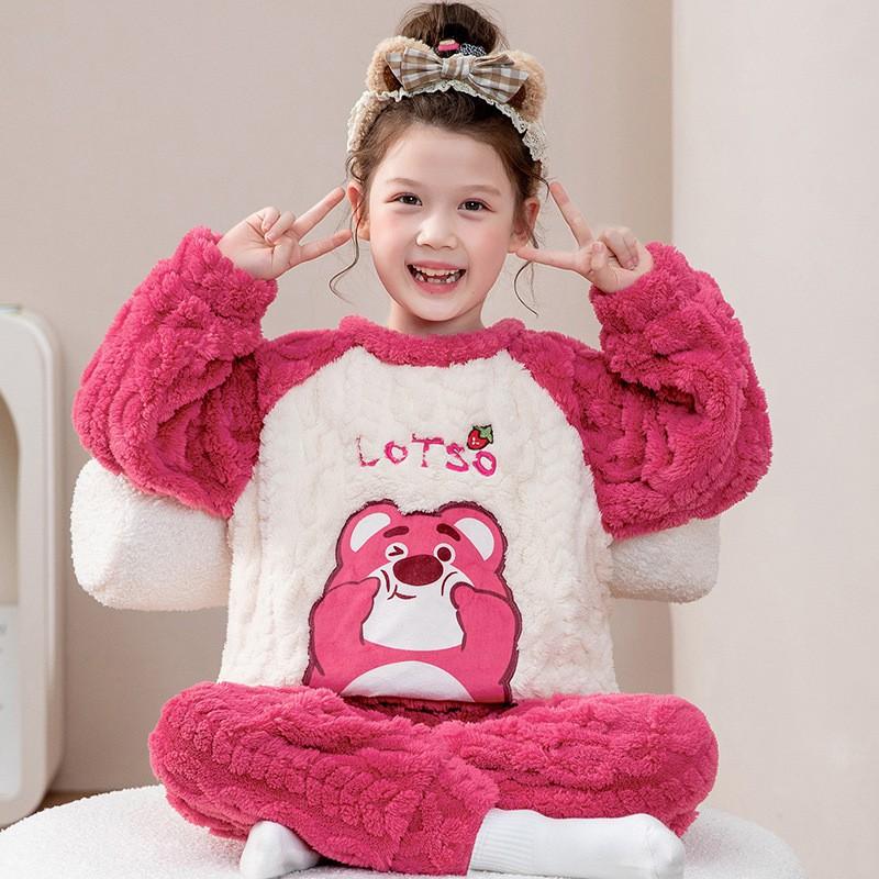 Girls Coral Fleece Pajama Set With Hooded Cartoon Character Design Winter Warm Sleepwear Kids 8 Years