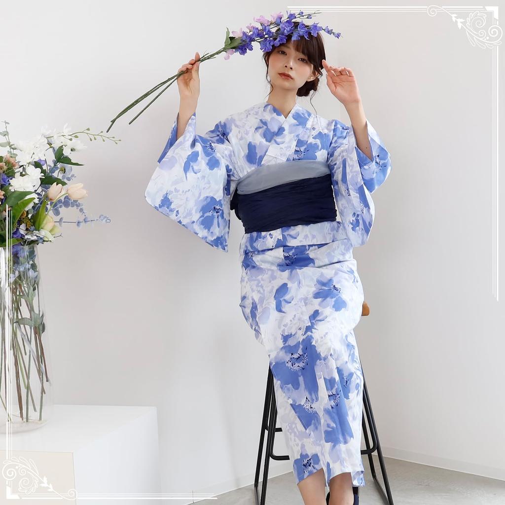Yukata Set with Heiko Obi Soft and Watercolor Floral Summer Fireworks Free Size [GRAXIA] Women's 2-Piece (Sash), Crinkled, Pattern, Festival, Display,