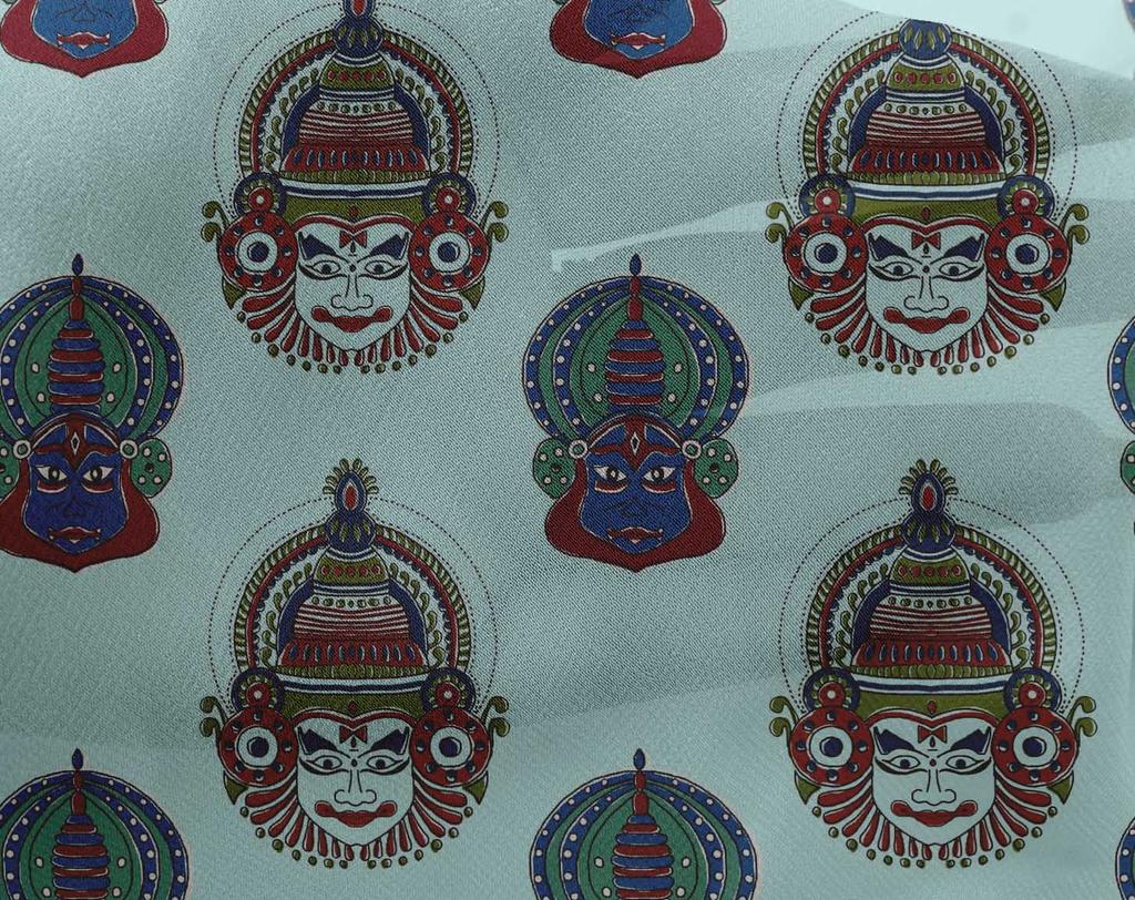 oneOone Georgette Viscose Baby Blue Fabric Kathakali Mask Kalamkari Sewing Material Print Fabric By The Yard 42 Inch