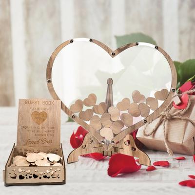 1 uppsättning trä kärlekshjärta prydnad med gäst Drop Box Mini hjärta skylt Stall Stand Gästbok Alternativ Alla hjärtans dag Bröllopsmottagning Desktop