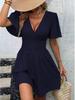 European & American Summer 2025 Deep V-neck Ruched Dress with Ruffle Sleeves - Women's Solid Color Fashion