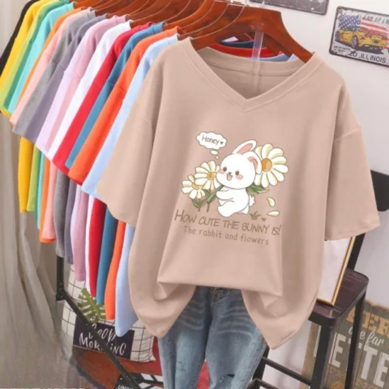 Dámské tričko s krátkým rukávem, volného střihu, zeštíhlující top s potiskem a výstřihem do V