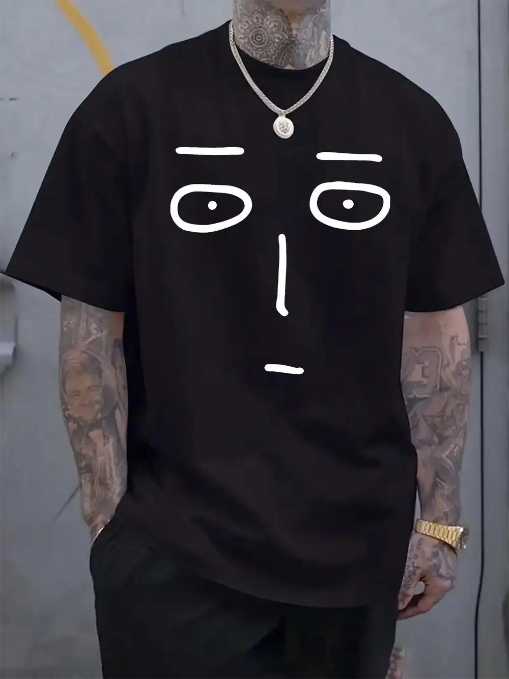 Minimalist Black & White Face Print T-shirt - Regular Fit Casual Short Sleeve Round Neck Tee XL