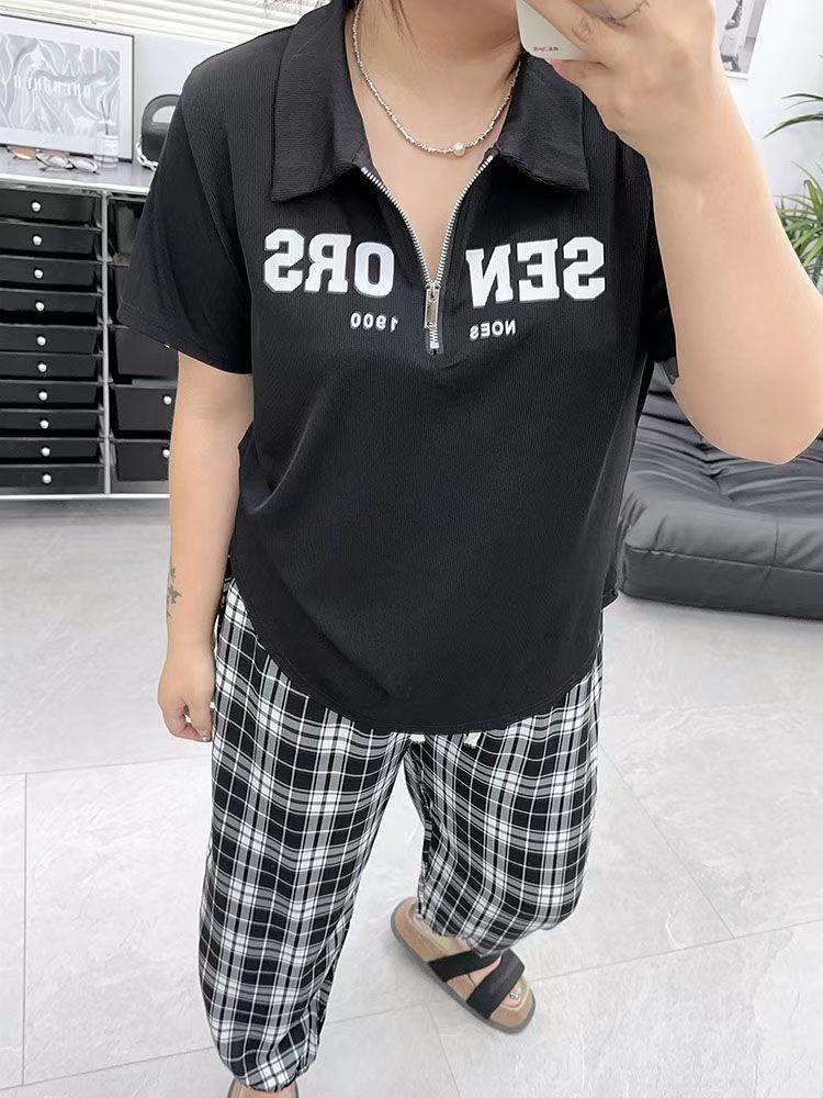 Plus Size Women's Casual Zipper Print Top - Loose Fit Short Sleeve T-shirt for 2025 Summer