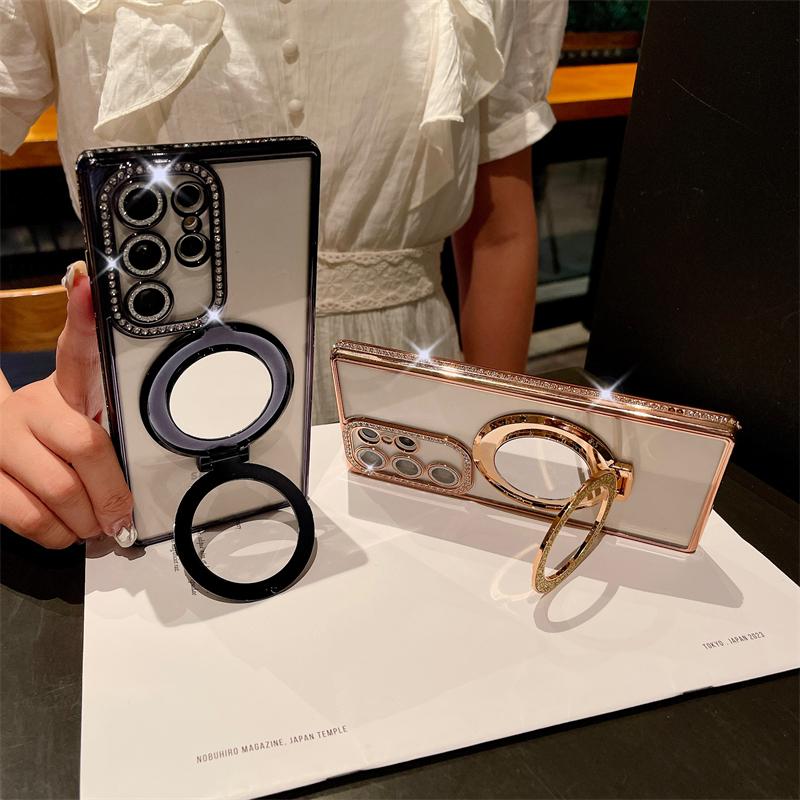 For Samsung Galaxy S24 Ultra Luxury Plating Diamond Frame Flash Mirror Stand Holder Phone Case For Samsung S22 S23 S25Plus Cover