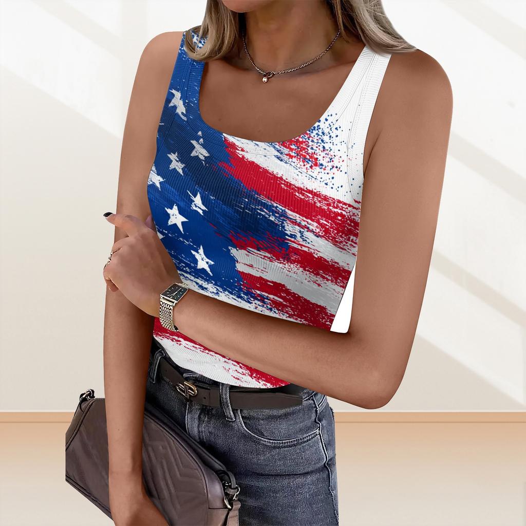 Women's Summer Fashionable Casual Independence Day Printed Round Neck Sleeveless Top Fitted Vest