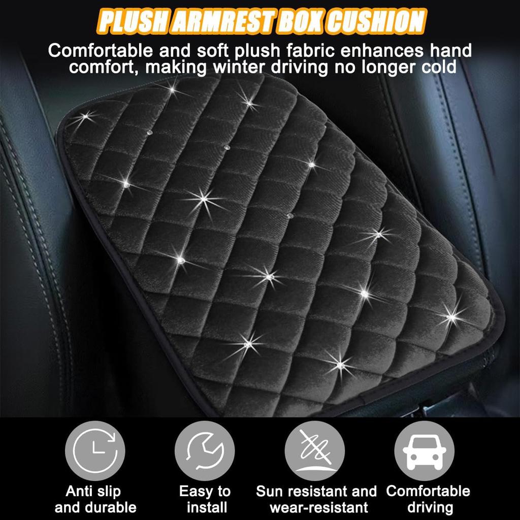 Mandark Bling Car Center Console Cover, Crystal Rhinestone Fluffy Automotive Armrest Seat Box Cushion Pad, Soft Comfortable Diamond Arm Rest