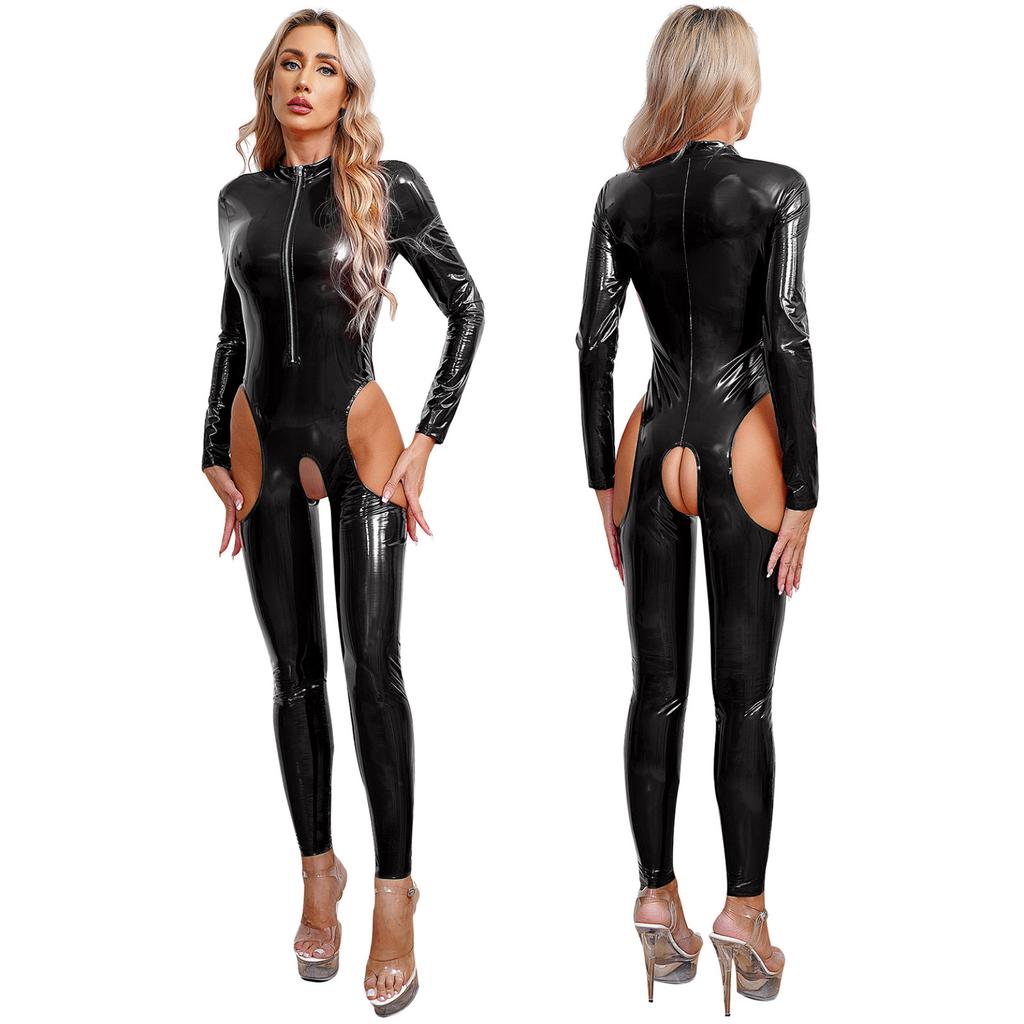 Womens One Piece Long Sleeve Full Body Jumpsuit Wet Look Leather Zipper Bodysuit Catsuit