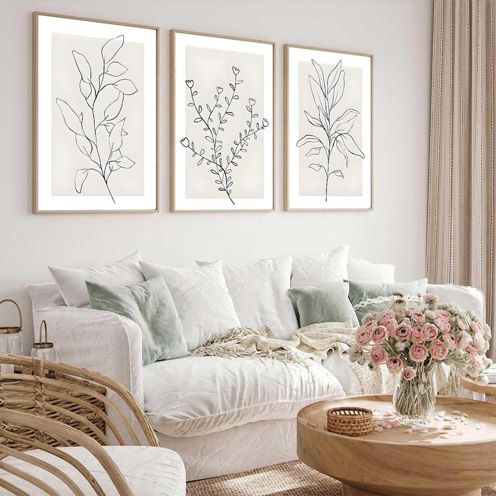 3Pcs Neutral Botanical Wall Art Minimalist Abstract Botanical Line Canvas Posters Prints Modern Beige Boho Plant Paintings Wall Decor Pictures for