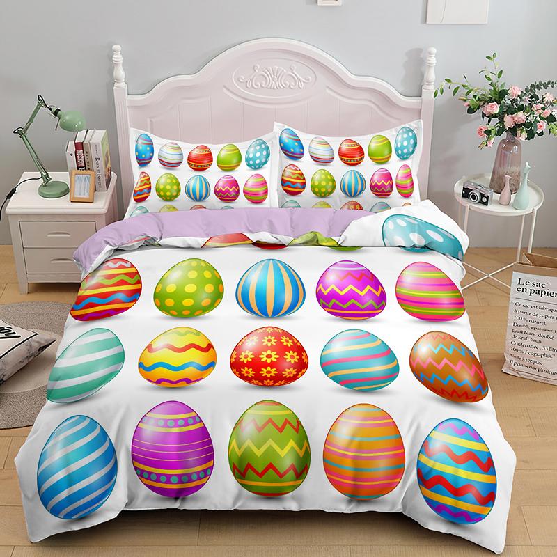 Easter Egg Duvet Cover Set Cartoon Cute Egg Bedding Set Happy Easter Theme Comforter Cover For Kids Teens Microfiber Bedclothes