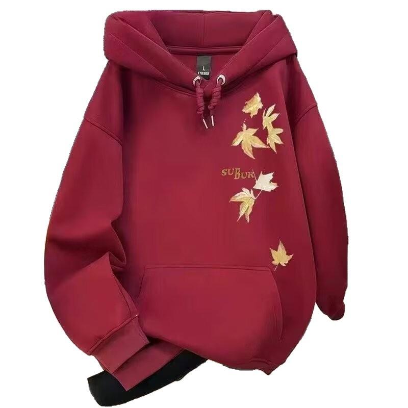 Vintage Maple Leaf Print Hooded Sweater for Men and Women, Autumn and Winter Loose and Versatile Velvet Thickened Coat Top Tide