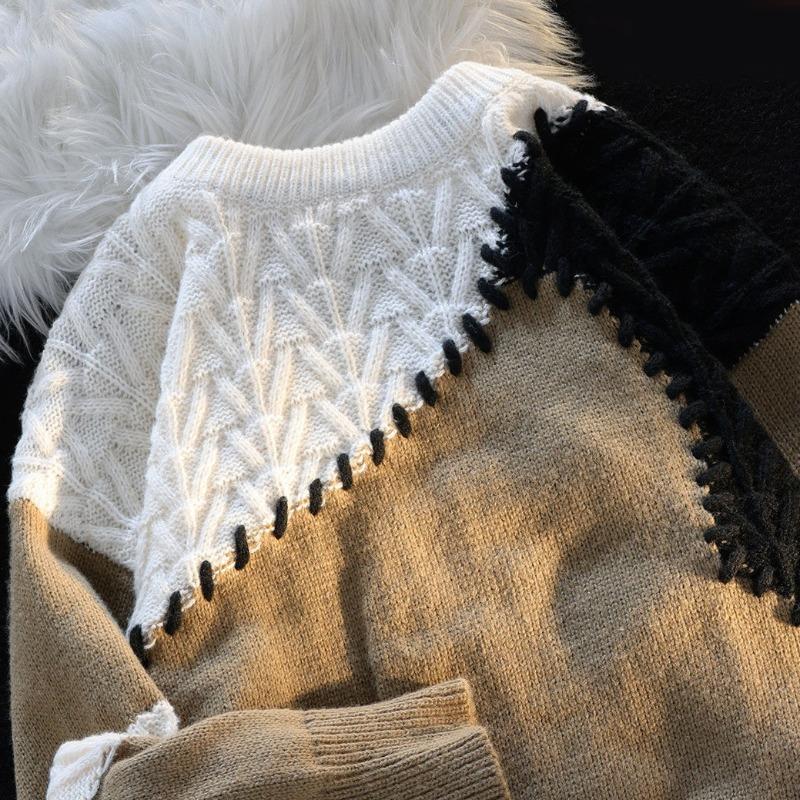 Design Sense Niche Color Matching Pullover Sweater Female Autumn and Winter Loose Soft Glutinous Knit Sweater Pullover Female