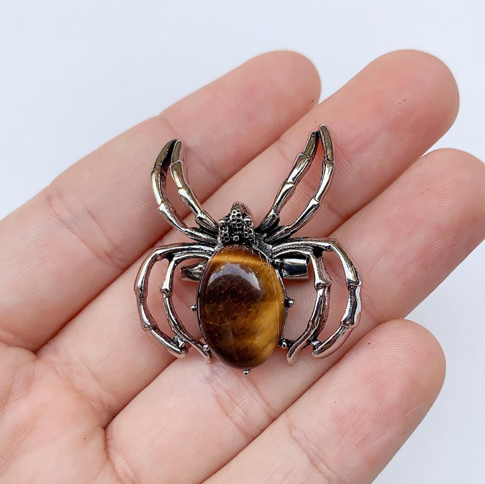 Natural Gem Stone Spider Brooch for Backpacks Jackets Hats Pants Jewelry Accessory Natural Quartz Halloween Spider Pin Brooch