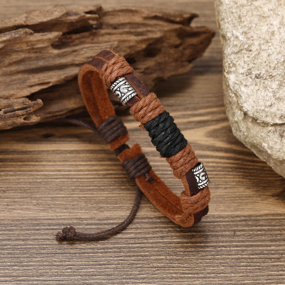 NG557 Tan Brown Classic Double Wrap Leather Biker Bracelet