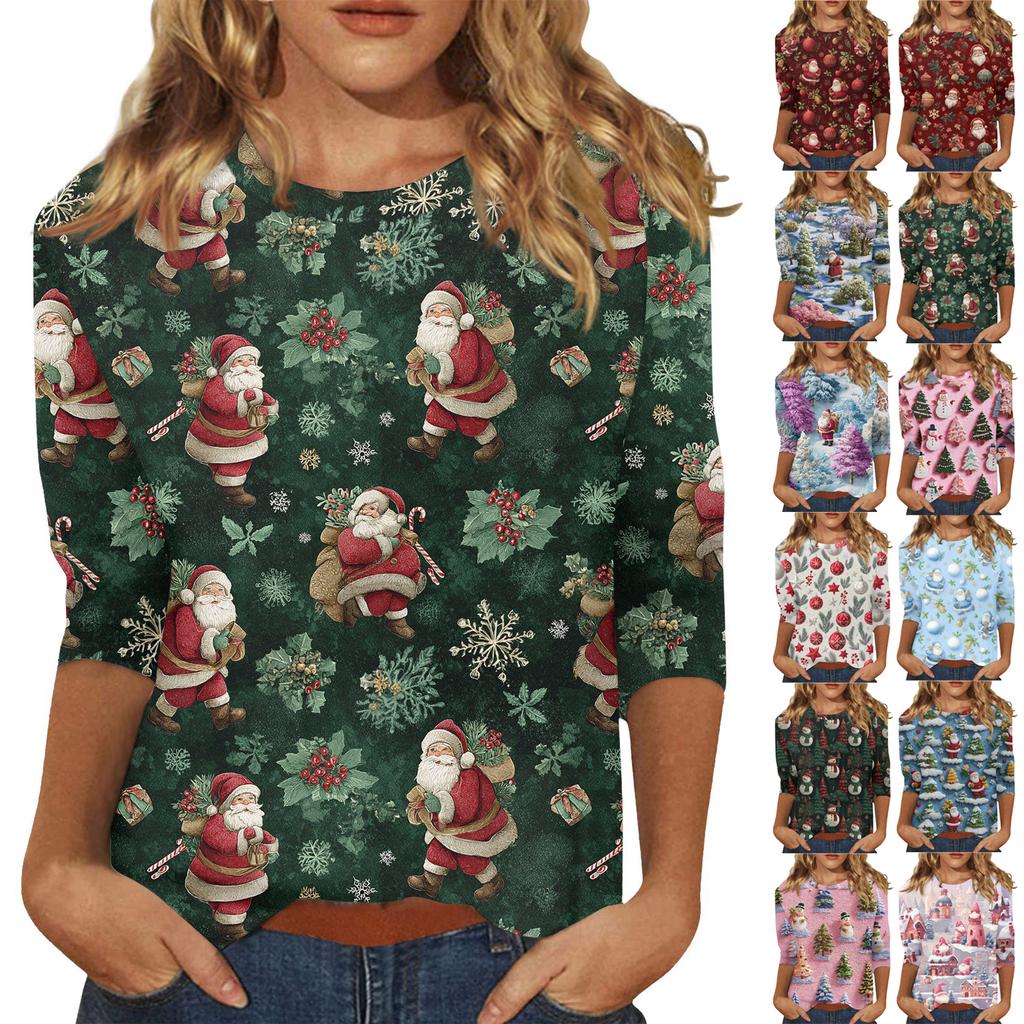 3/4 Sleeve Shirts For Women Print Christmas Tees Blouses Casual Plus Size Basic Tops Pullover