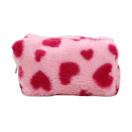 Fuzzy Makeup Bag Fluffy Plush Zipper Cosmetic Pouch with Heart Pattern Cute Pencil Case Travel Toiletry