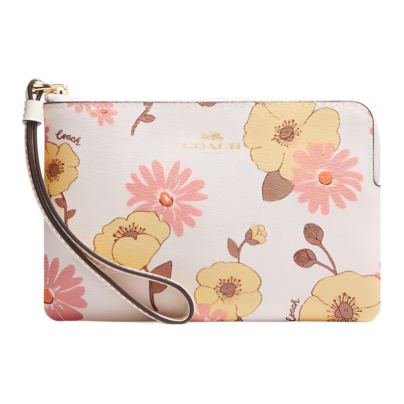 

Coach Corner Zip 16 Floral Cluster Print Canvas And Leather Clutch Women clutch Gold White CH647-IMCAH Basic Set (Bag+Dust Bag)