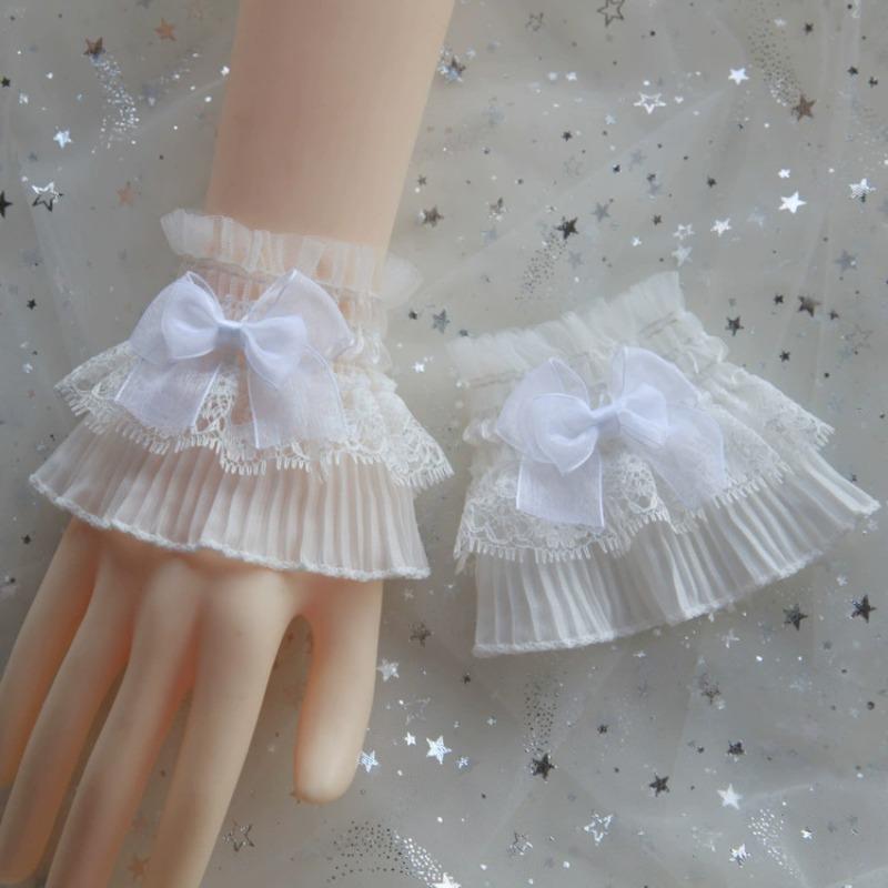 Sweet Lolita Hand Sleeve Cute Fairy Wrist Cuffs Ruffled Bow Lace Pleated Fake Cuffs Decoration Cosplay Accessories