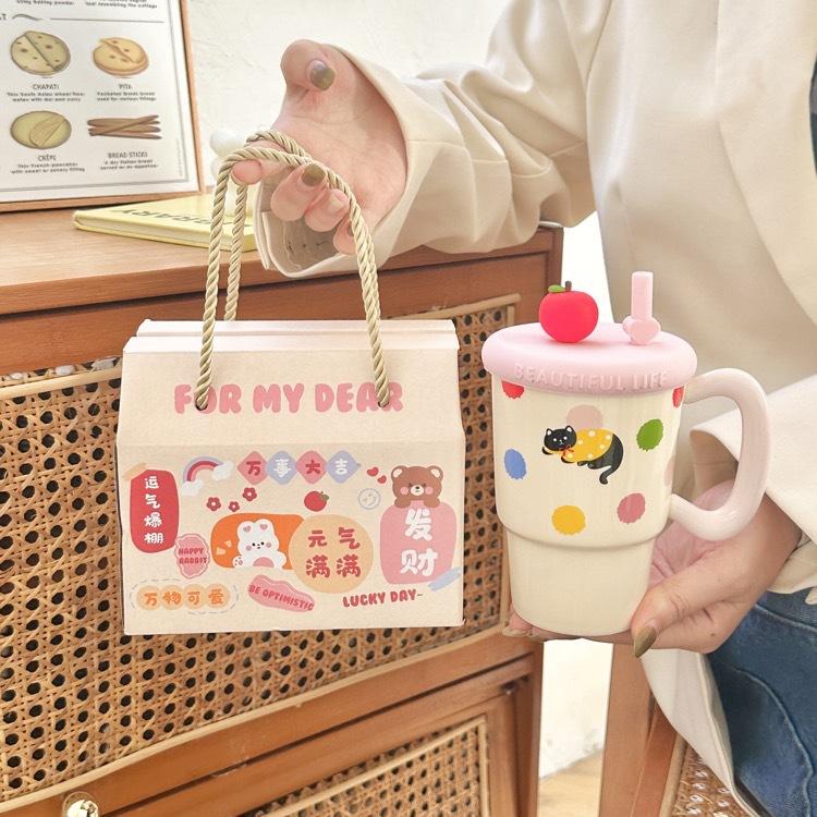 Apple Mug with Lid with Straw Cup Ceramic High Looking Girl's Heart Cup for Birthday Gift