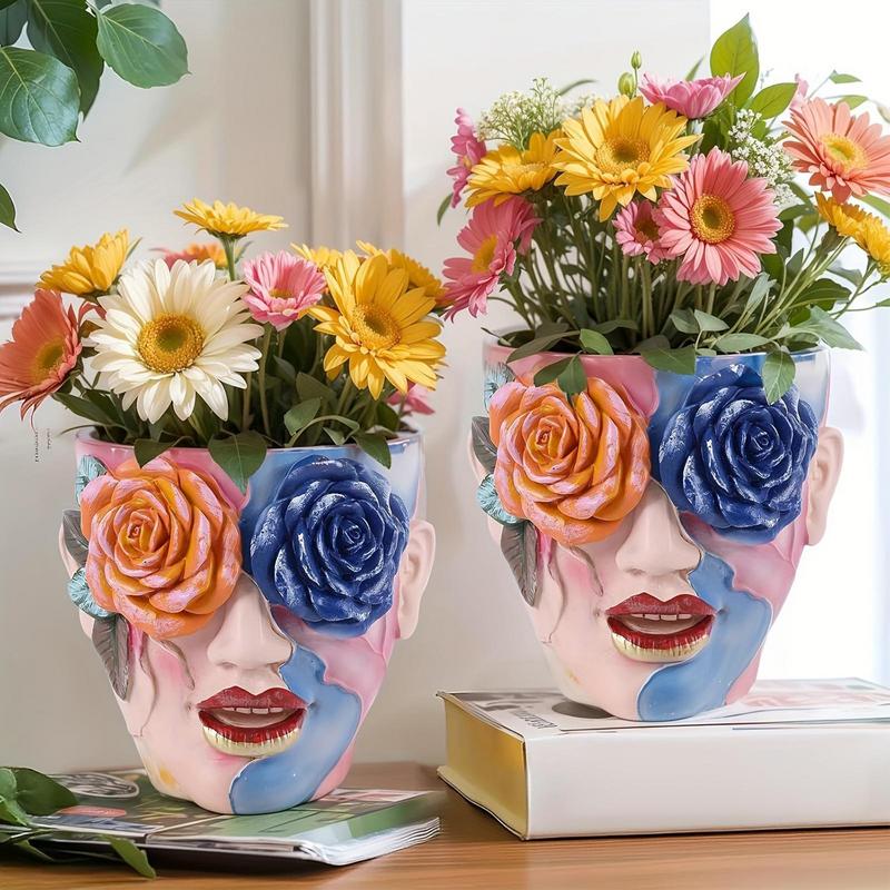 Creative Hand-painted Rose Flower Pot Resin Crafts Rose Eyes Colorful Abstract Beauty Face Flower Pot for Indoor Outdoor Plants