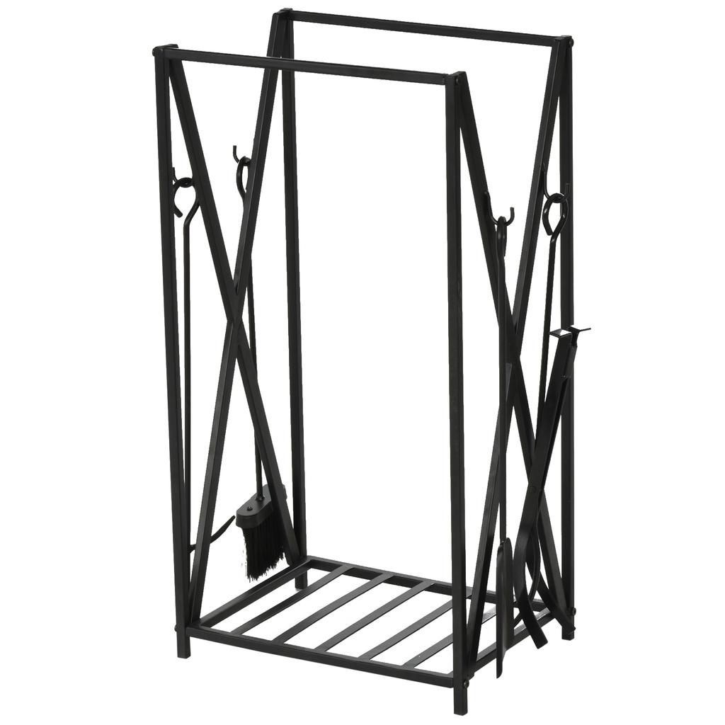Internal and External Steel Tool Rack with 4 Tools, Wood Door for Stove with Tool Holder, Shovel, Brush and Pliers, 46x30x76cm, Black