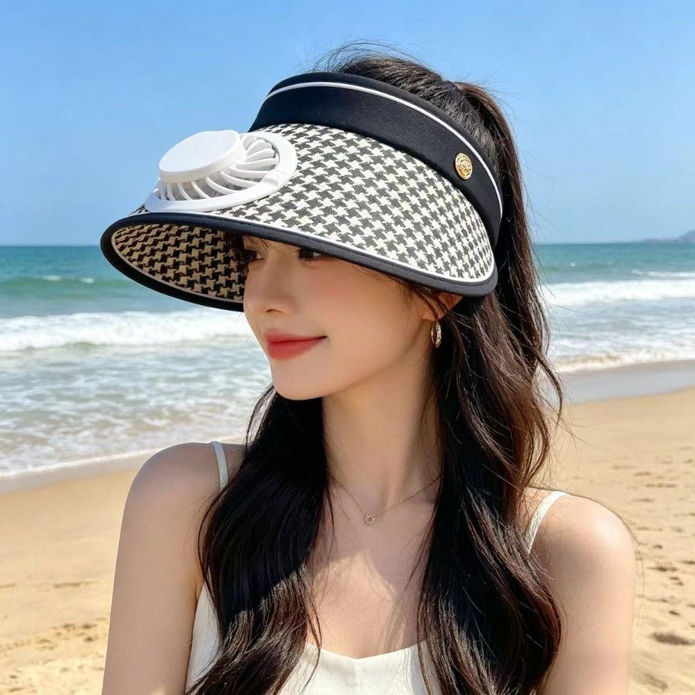 Breathable Sun Hat with Fan Wide Brim Summer Fan Visor Cap Sunscreen Empty Top Hat Hot Weather