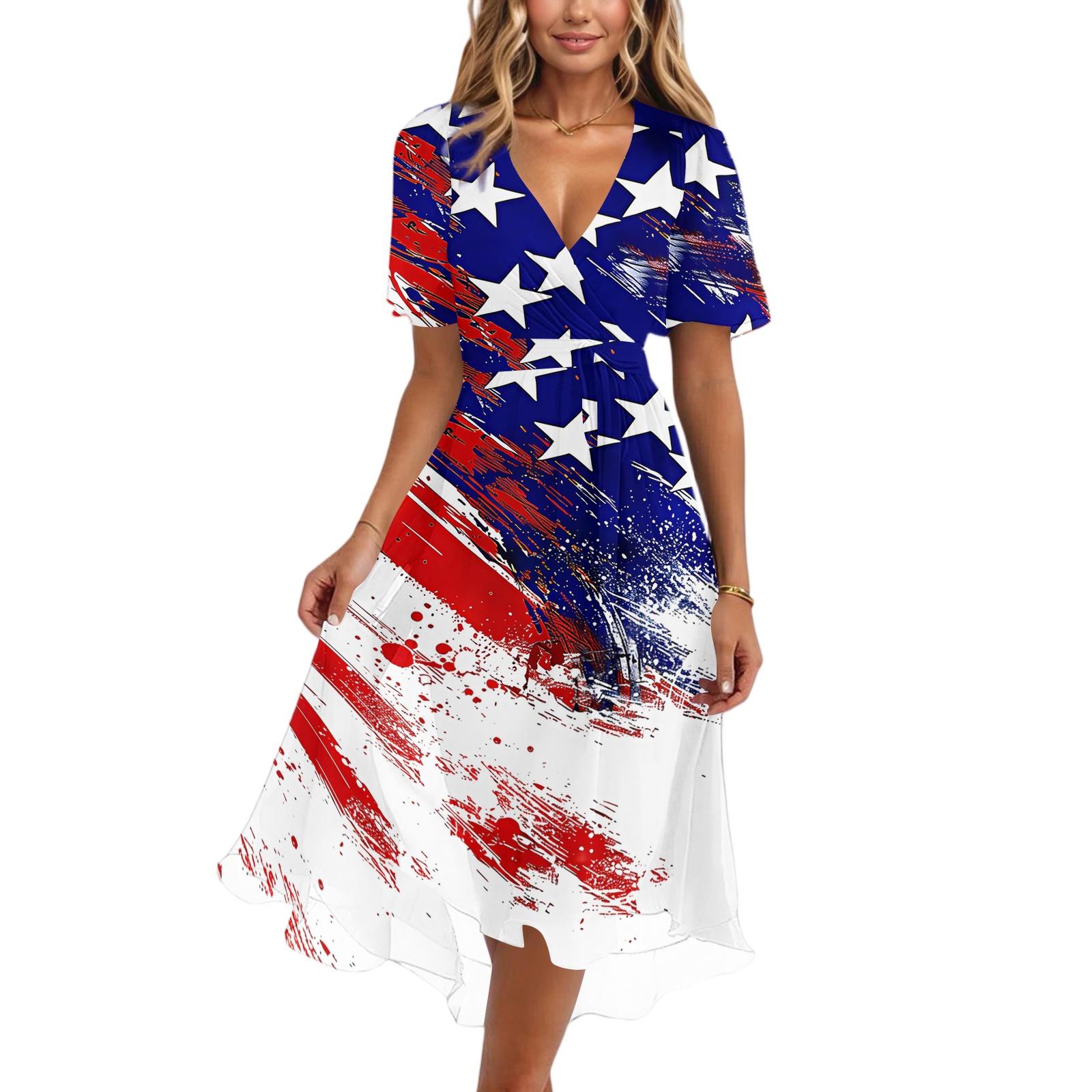 

Women V Neck Short Sleeve Casual Dress with Star and Stripe Print Loose Fit Knee Length for Daily Wear Holiday Party XL белый