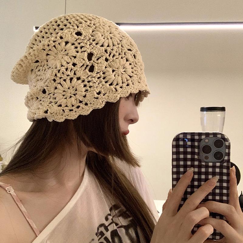 Ethnic Style Crochet Flower Knitted Hat Hollow Out Beanies Knit Cap Handmade Korean Apparel Accessories