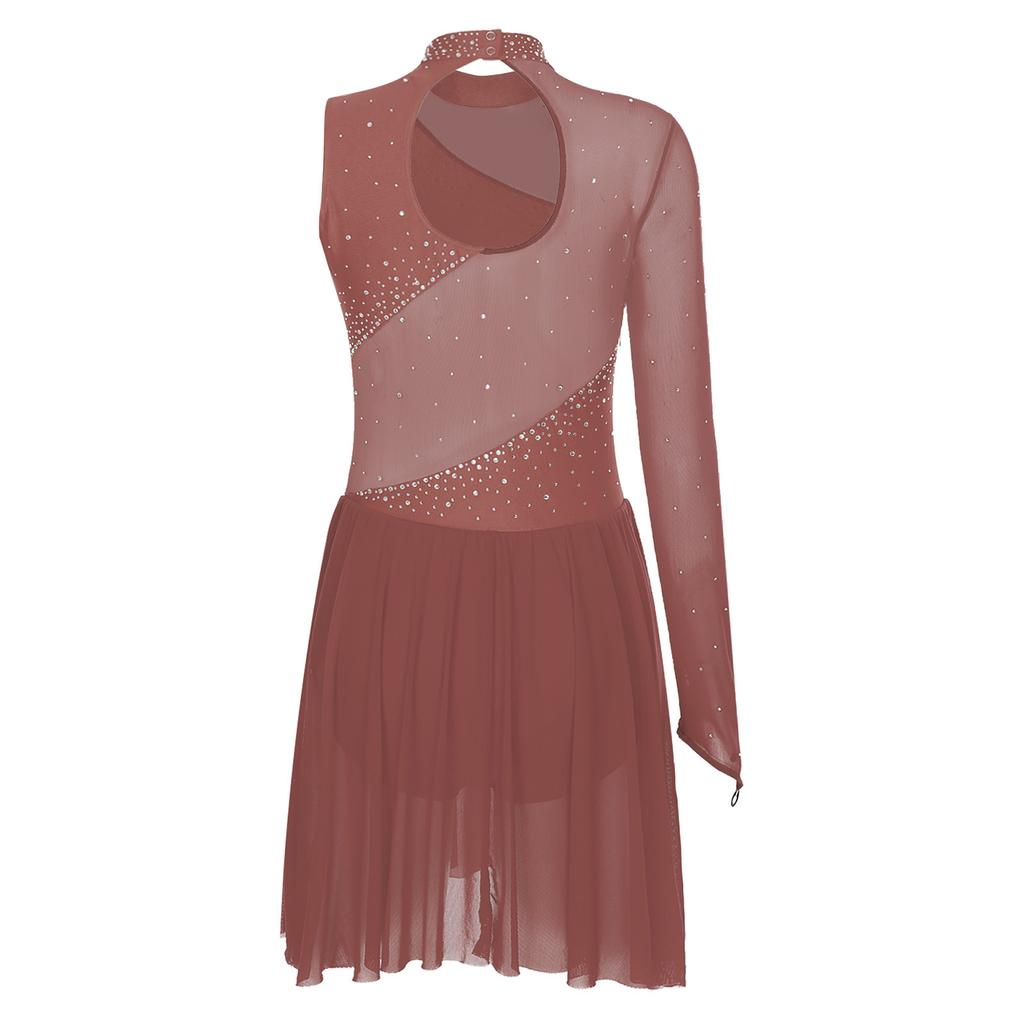 Womens Figure Skating Dance Leotard Single Sleeve Mock Neck Sparkle Rhinestone Ice Performance Wear