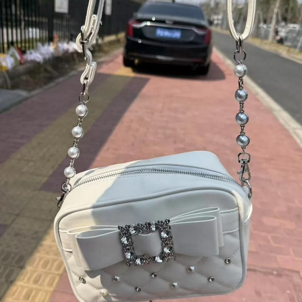 Diamond Bow Pink Square Bag For Women Mine Series Beading Pearl Y2k Messenger Bag Hot Girls Sweet Kawaii Shoulder Crossbody Bag