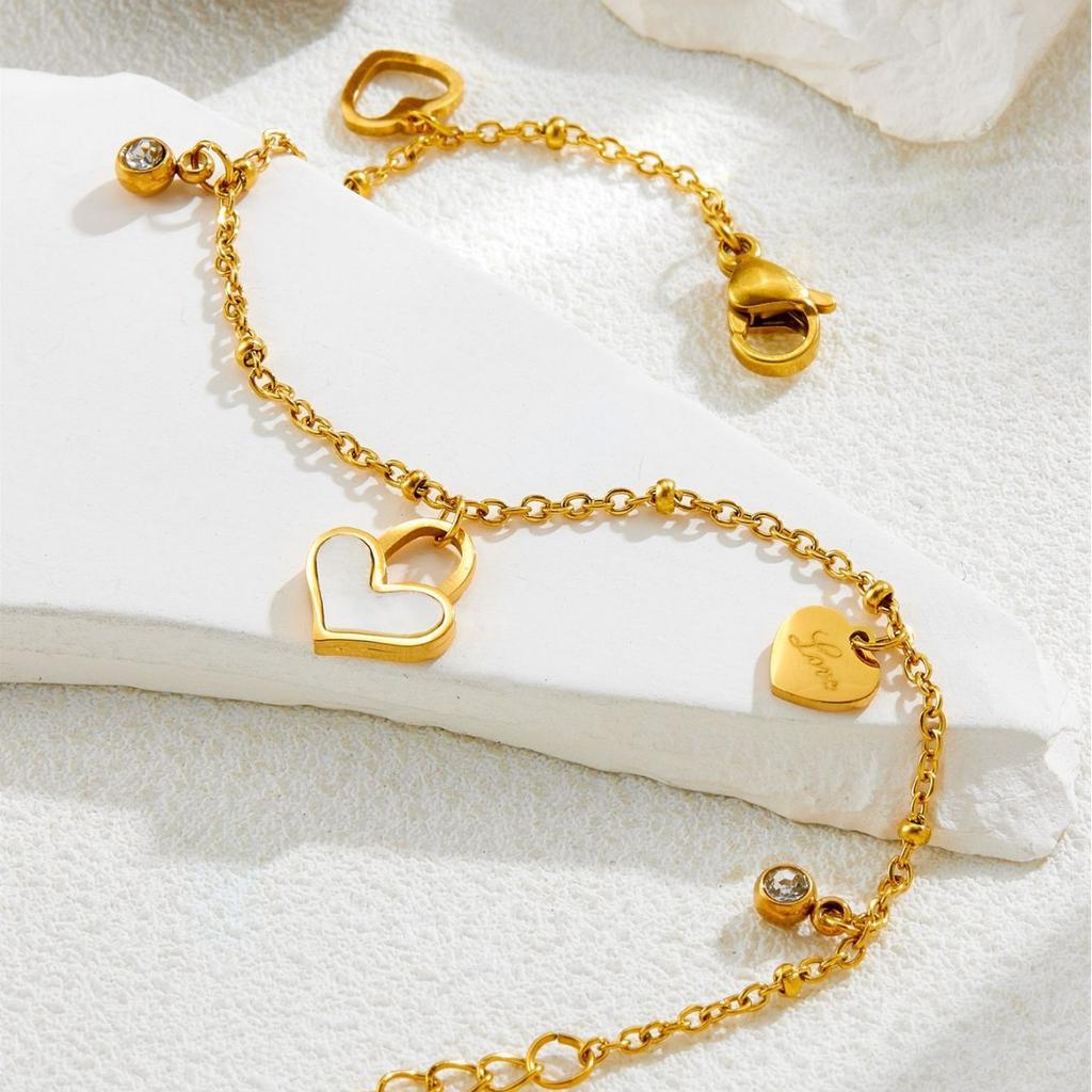 Stainless Steel Gold-Plated White Mother of Pearl Heart Bracelet Engraved "Love" Charm Zircon Accent Minimalist Luxury Jewelry