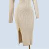Export Single Fashion Wind Pure Color Split Long Sleeve Slim-Fit Figure Flattering Sheath Mid-Length Knitting Dress Sweater Female