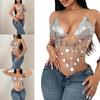 Womens Fishnet Rhinestones Shirt Halter Neck Sequins Bra Body Chain Jewelry Camisole Festival Partywear Glitter Club Top