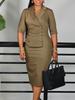 Plus-Size Elegant Double-Breasted Hip-Hugging High-Waisted African Dress with Lapel and 3/4 Sleeves