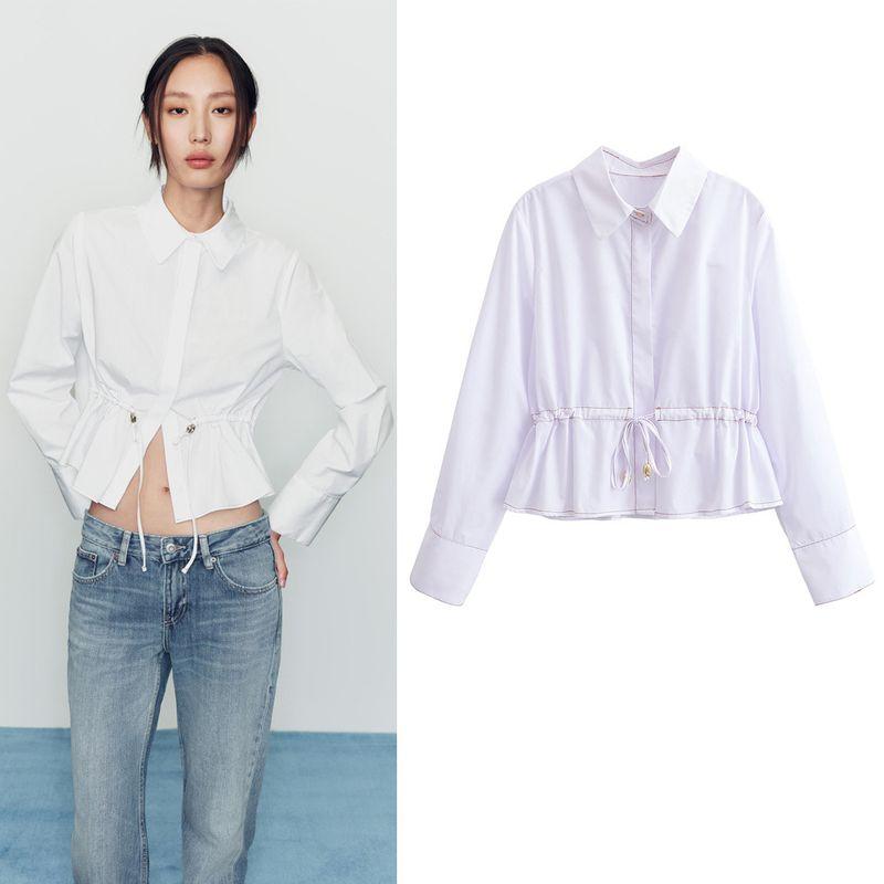 Zbzr Spring New Women clothes Western Style Fashion V-neck Lace-up String Decoration Poplin Long sleeve Shirts 3666164