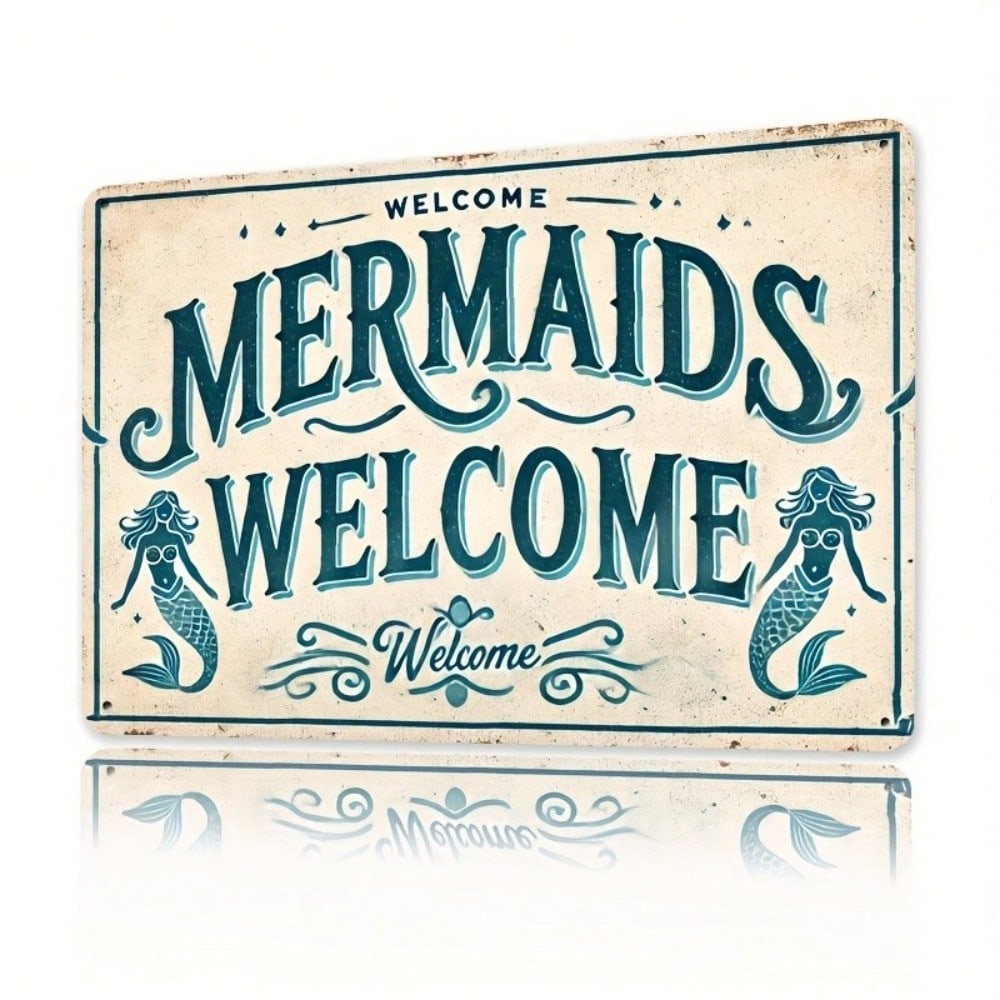 Vintage Mermaid Wall Art Teal White Weatherproof Metal Sign Kitchen Decor