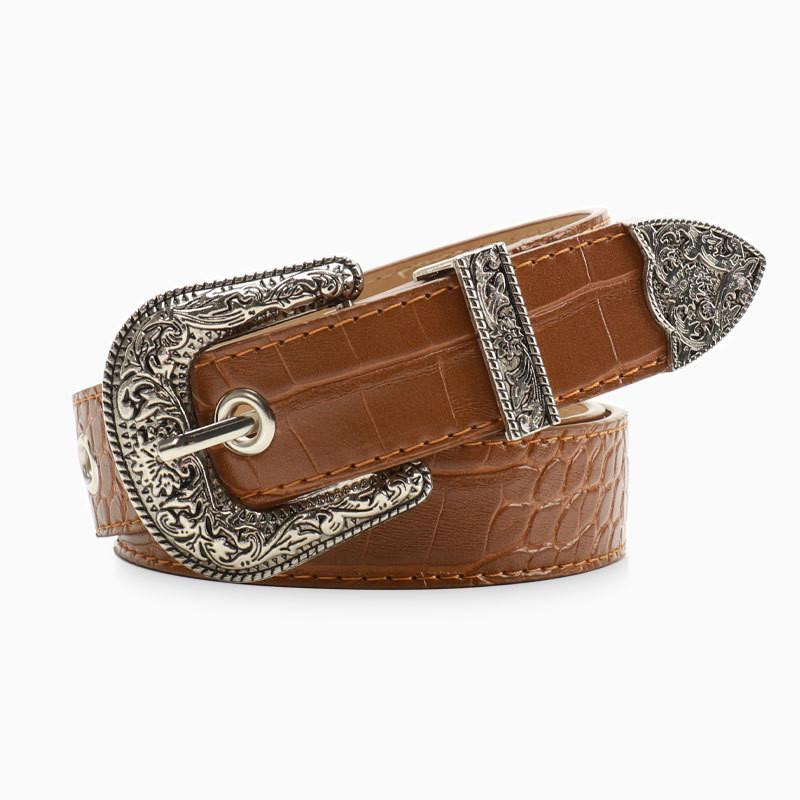 Womens Retro Alloy Belt Set With Embossed Buckle For Casual And Office Wear