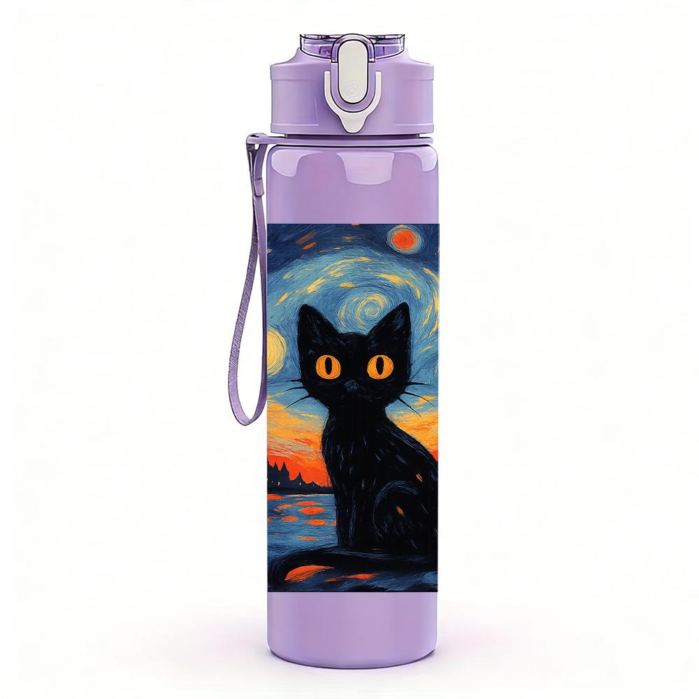1PC Starry Night Black Cat 750ml Color Plastic Sports Water Bottle Leakproof Flip Straw Lid For Sports Office Home Use