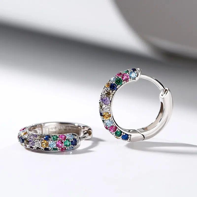 Silver Rainbow Multicolor CZ Huggie Hoop Earrings Micro Pave Colorful Crystal Small Hoop Earrings Women Statement Jewelry
