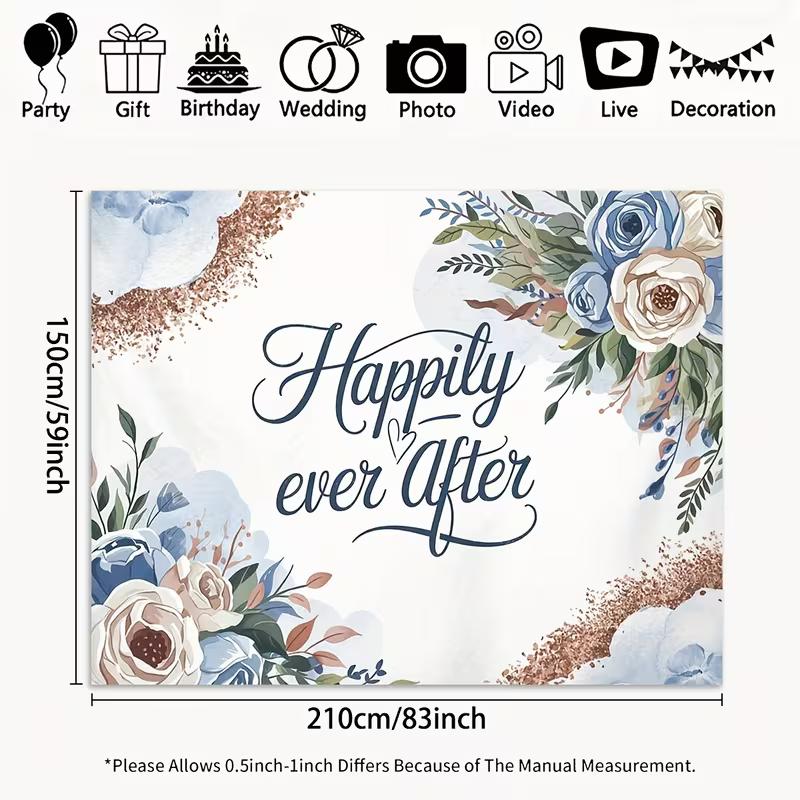 2D Floral Happily Ever After Backdrop Dusty Blue Rose Gold Themed Wedding & Bridal Shower Background 47.2x31.5inch/120*80cm