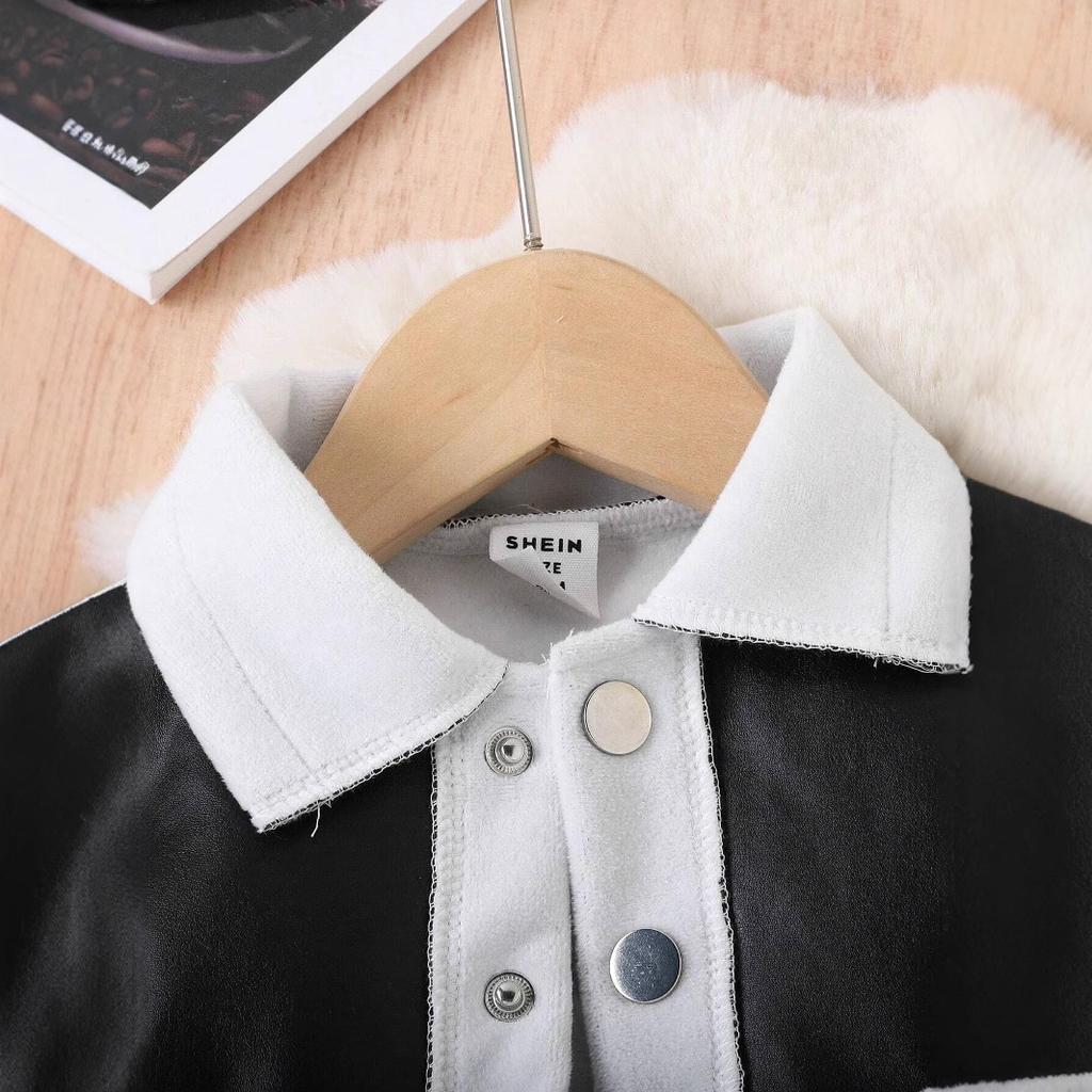 Girls' Fashion Casual Suit Spring and Autumn Children's Top with Lapel Color Matching Leather Coat Jeans Set