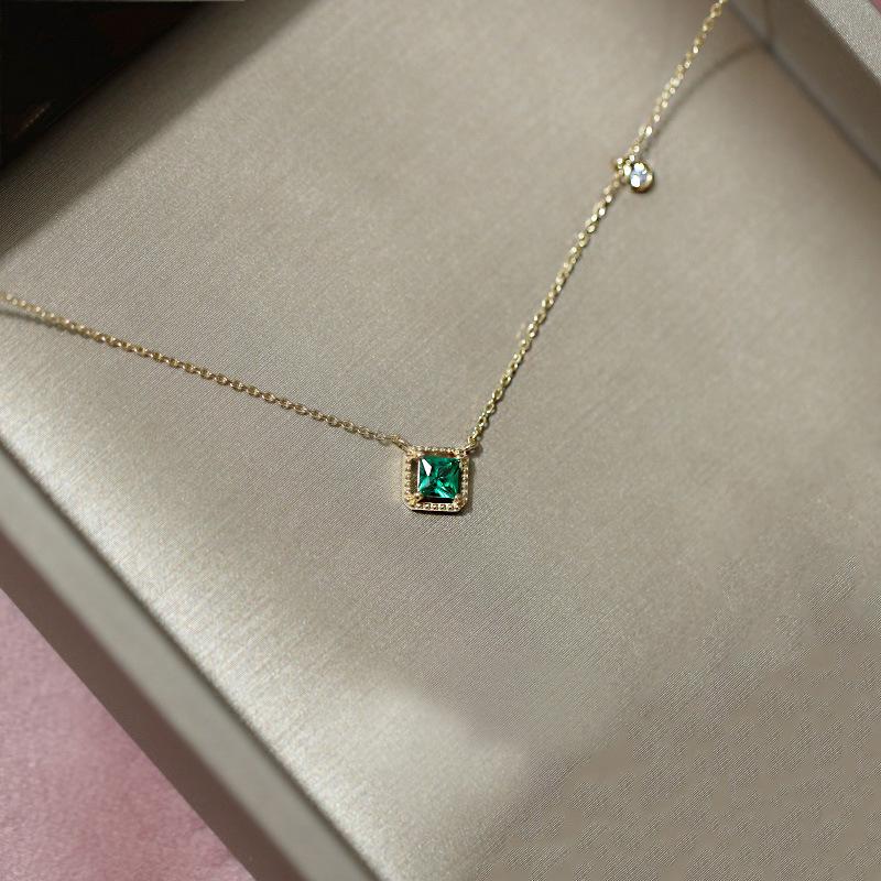 S925 Sterling Silver Plating 14k Gold Retro Green Square Pendant Necklace for Women Temperament Wedding Jewelry Gifts