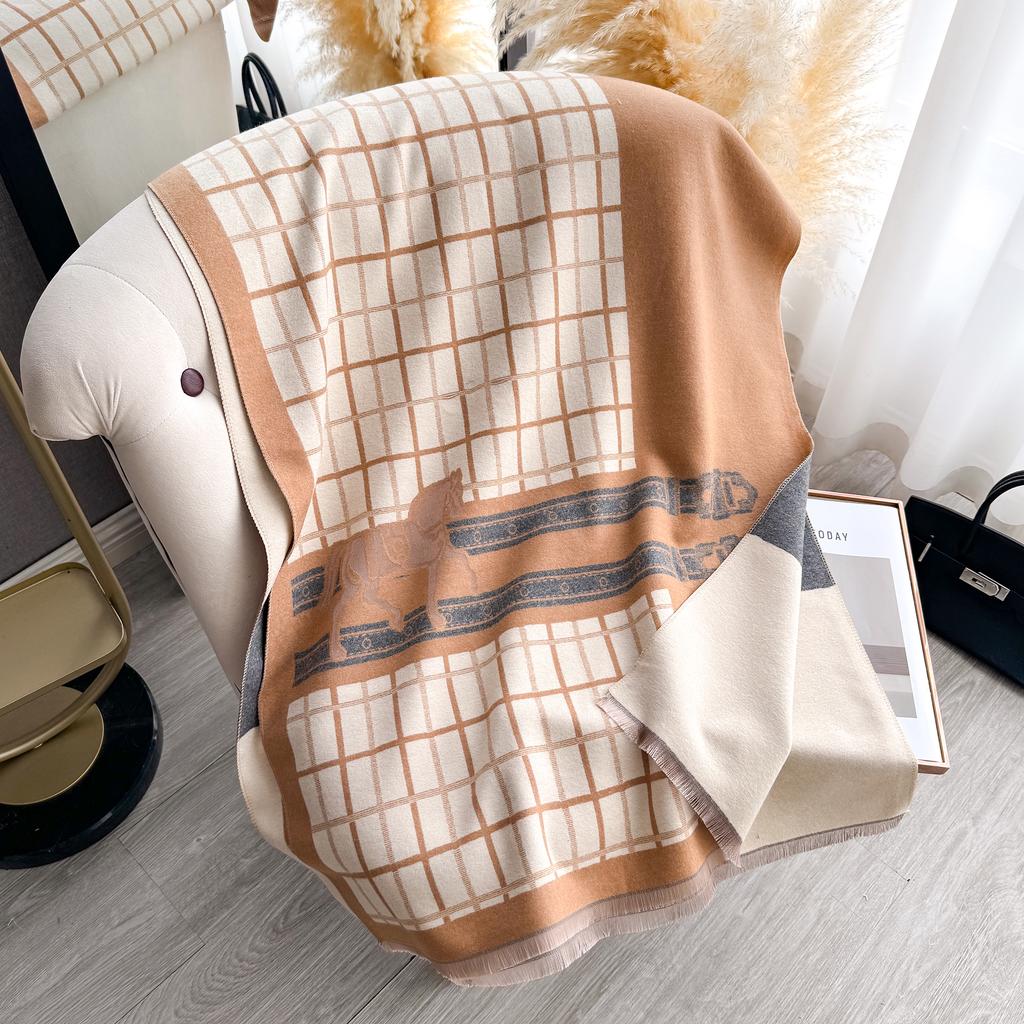 Luxury Women's Thick Faux Cashmere Scarf - Winter Warm Vintage Plaid & Warhorse Print Soft Shawl for Travel & Daily Wear