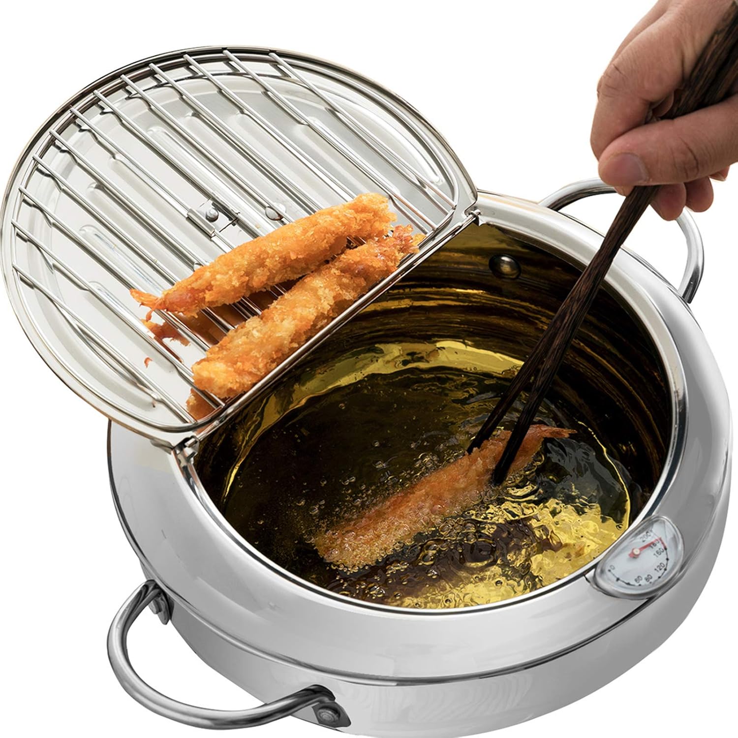 Stainless Steel Deep Fryer Pot, Frying Chicken Pot, Tempura deep Fryer with a Thermometer and a lid, Japanese Style Te United States
