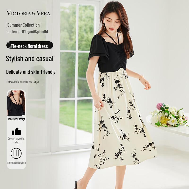 

VICTORIA&VERA Ink Wash Print Faux Two-Piece Floral Midi Dress M