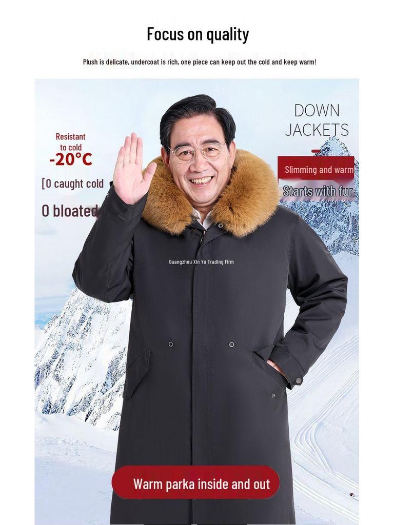 Men's Mid-Length Thickened Parka with Removable Fox Fur Liner and Fur Lining - Winter Coat