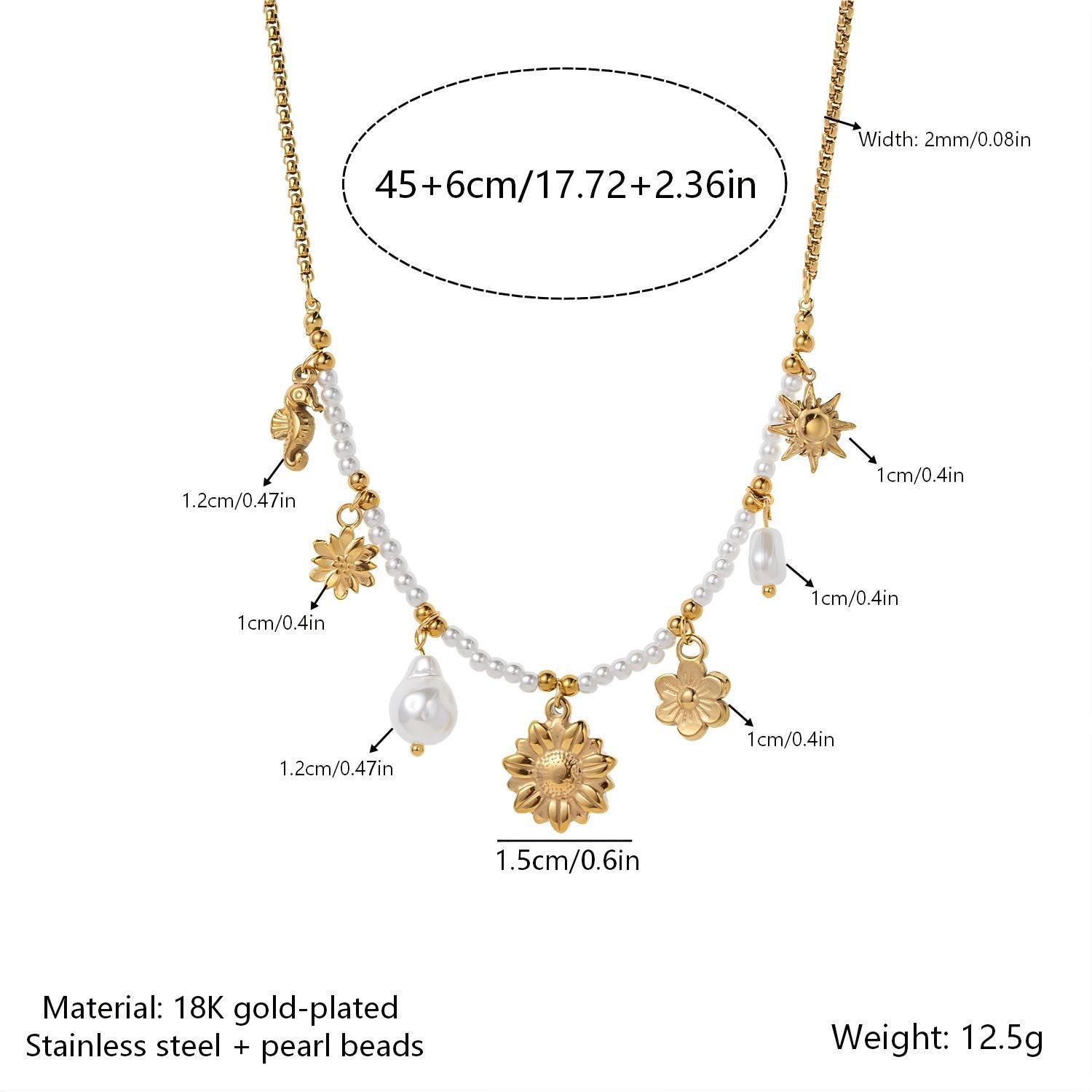 18K Gold Necklace with Baroque Pearl, Sunflower, Seahorse Pendants - Trendy INS Style 18K
