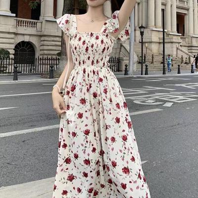 Women's Summer Floral Beach Dress with Flying Sleeves, Square Neck, and Fairy Long Skirt.