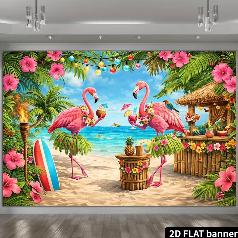 2D Bright Tropical Beach Backdrop with Flamingos for Summer Photoshoot